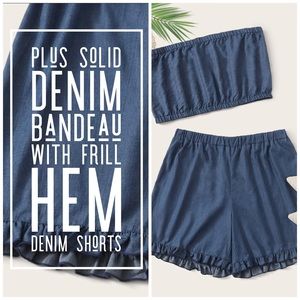 NWOT: Plus Solid Denim Bandeau w/ Frill Hem Shorts